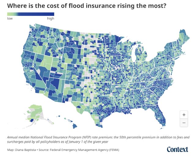 U.S. map: Where is the cost of flood insurance rising the most? Annual median National Flood Insurance Program (NFIP) rate premium: the 50th percentile premium in addition to fees and surcharges paid by all policyholders as of January 1 of the given year. 
Diana Baptista/Thomson Reuters Foundation. Source: Federal Emergency Management Agency (FEMA)